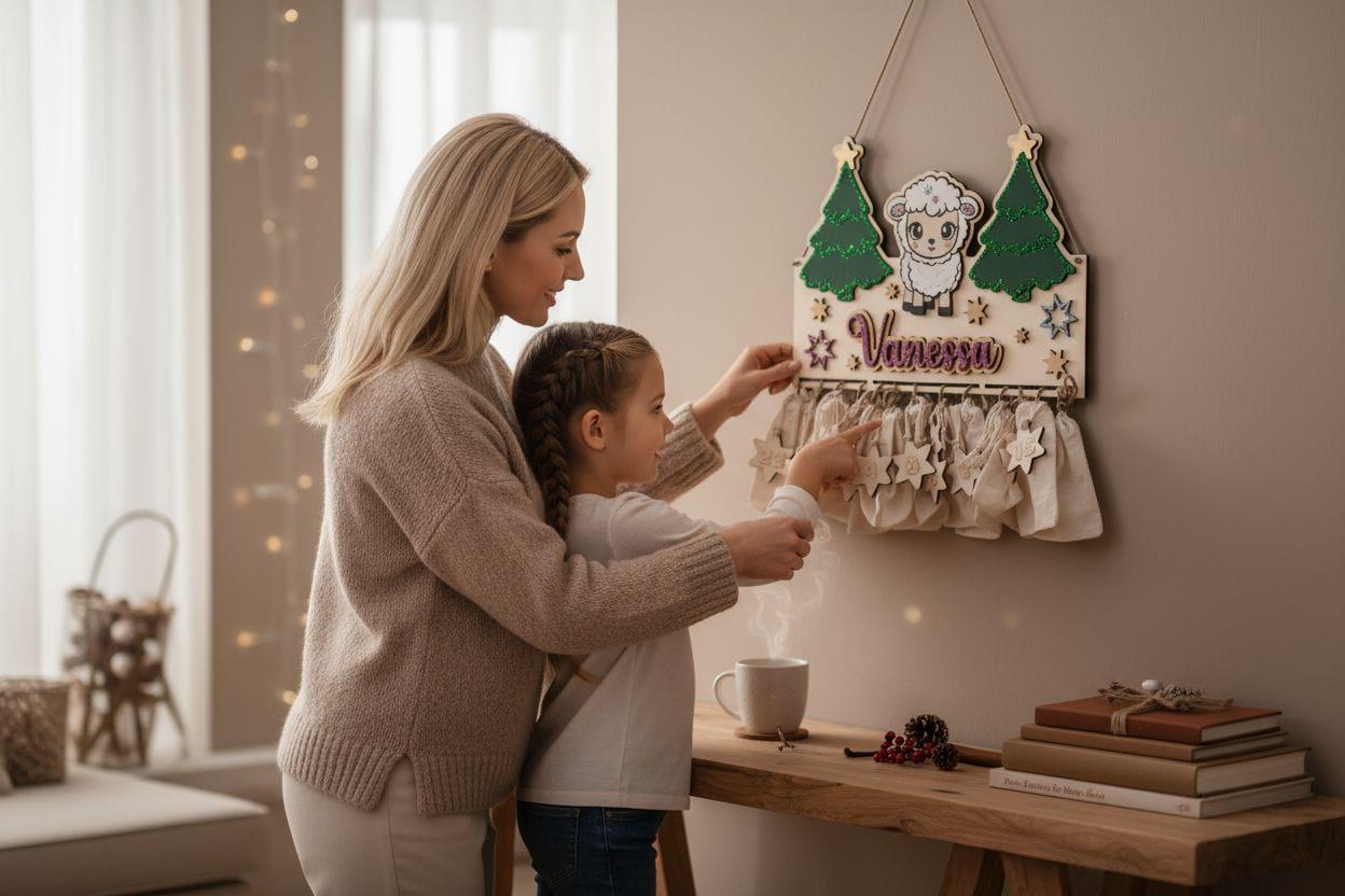 Adventskalender personalisiert mit Wunschtext und in Wunschfarben, Geschenkidee, Babys Weihnachten, Advent, Bär, Eule, Hase, Deer Schäfchen