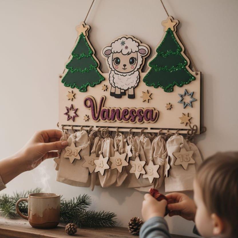 Adventskalender personalisiert mit Wunschtext und in Wunschfarben, Geschenkidee, Babys Weihnachten, Advent, Bär, Eule, Hase, Deer Schäfchen