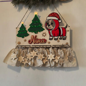 Adventskalender Hund aus Holz, personalisiert mit Wunschtext und in Wunschfarbe, Geschenkidee, Babys Weihnachten, Advent, Haustier, Puppy