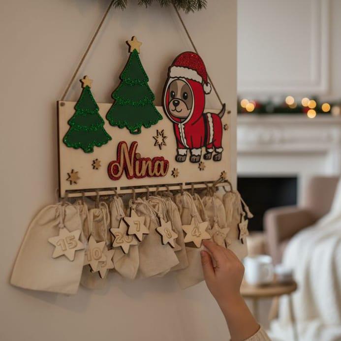 Adventskalender Hund aus Holz, personalisiert mit Wunschtext und in Wunschfarbe, Geschenkidee, Babys Weihnachten, Advent, Haustier, Puppy