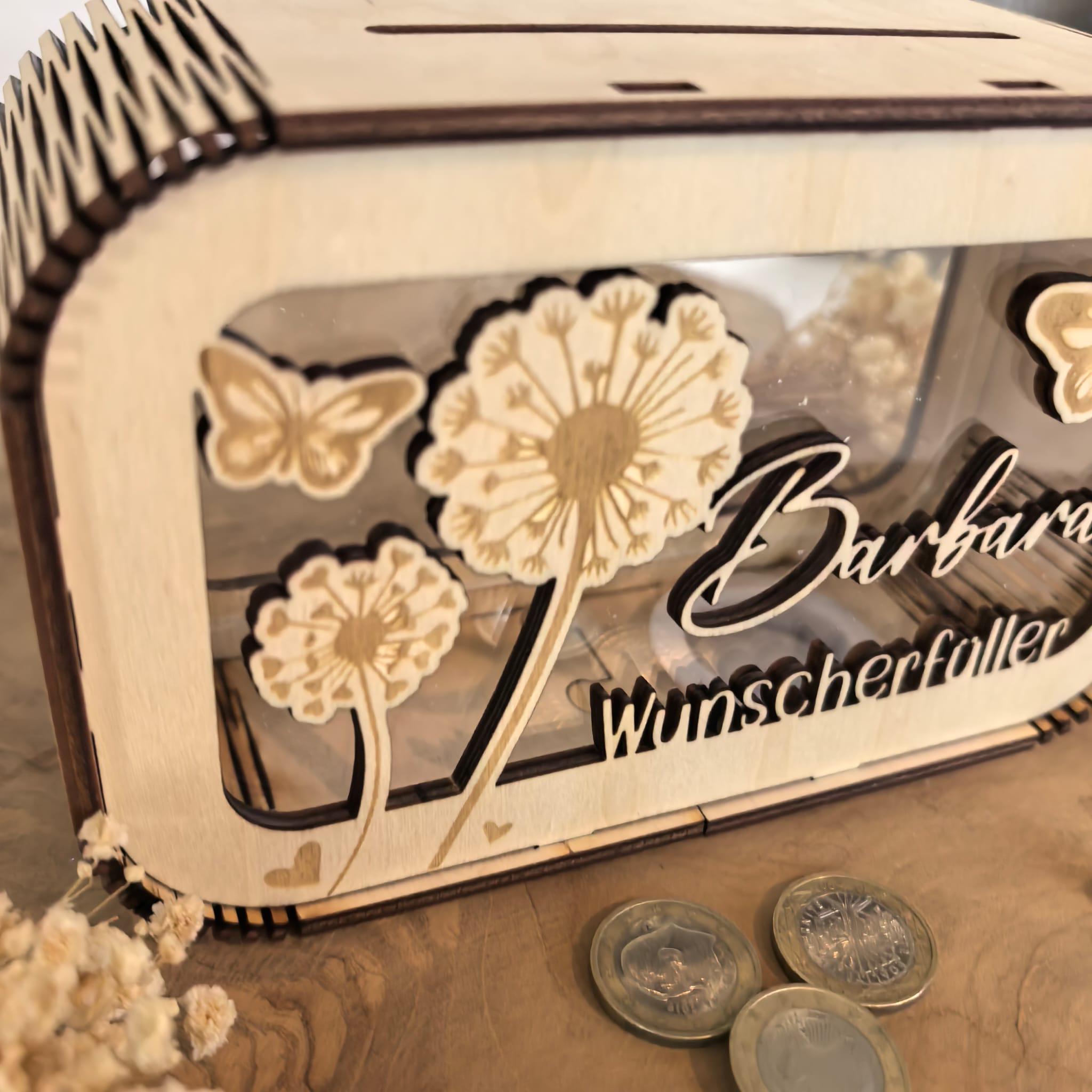 Spardose Wunscherfüller personalisiert mit Name, Geldgeschenk, Sparschwein Geburtstagsgeschenk Freundin Ehefrau Einzugsgeschenk, Pusteblume