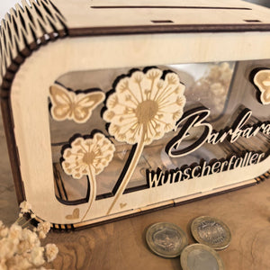 Spardose Wunscherfüller personalisiert mit Name, Geldgeschenk, Sparschwein Geburtstagsgeschenk Freundin Ehefrau Einzugsgeschenk, Pusteblume
