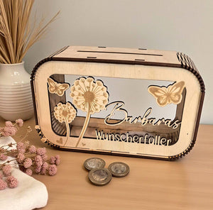 Spardose Wunscherfüller personalisiert mit Name, Geldgeschenk, Sparschwein Geburtstagsgeschenk Freundin Ehefrau Einzugsgeschenk, Pusteblume