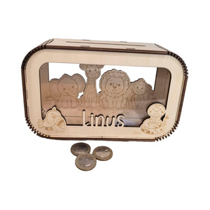 Spardose personalisiert mit Namen, Sparbüchse, Sparschwein, Geldgeschenk, Geschenk zur Geburt, Taufe, Geburtstag, Löwe Elefant Affe Safari