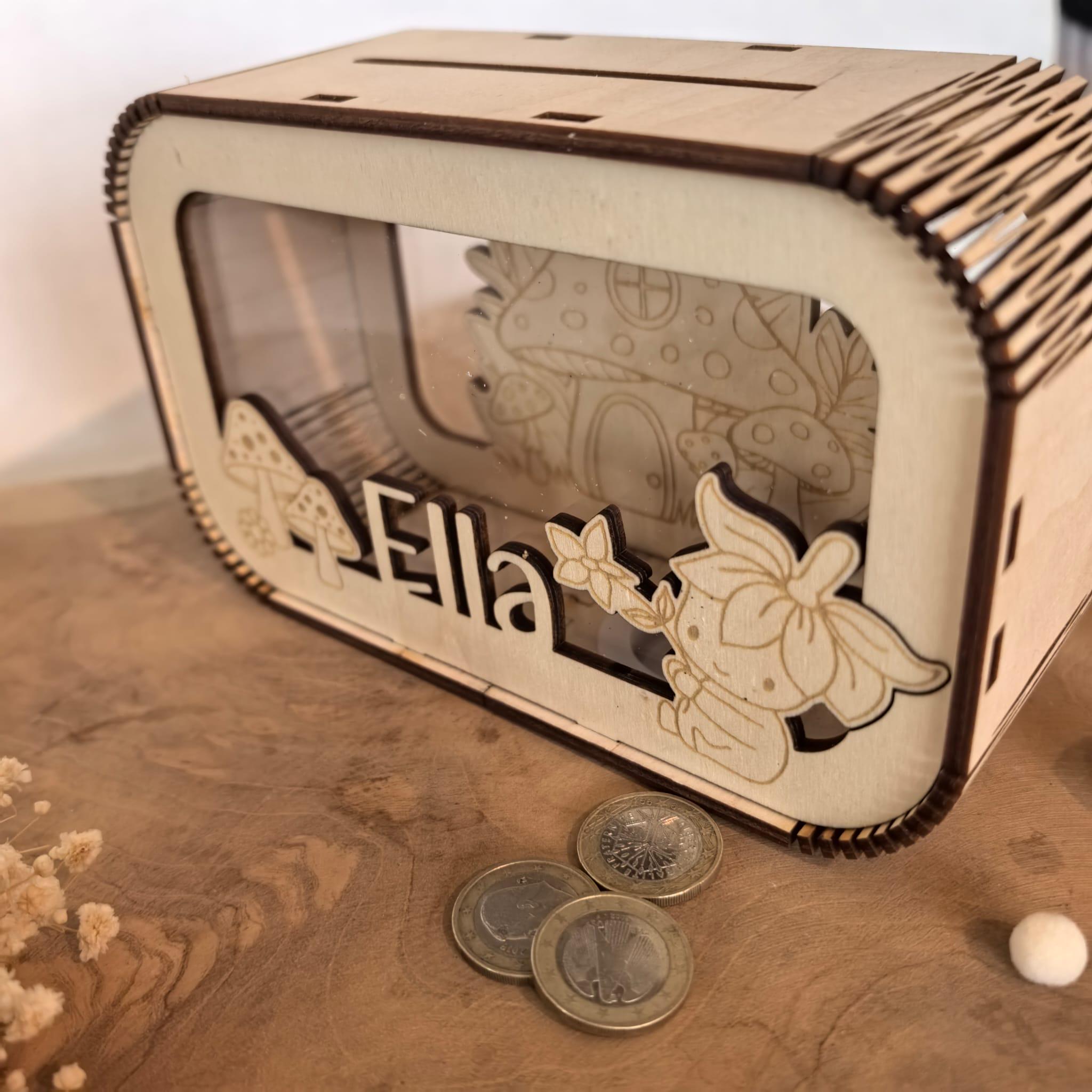 Spardose personalisiert mit Namen, Sparbüchse, Sparschwein, Geldgeschenk, Geschenk zur Geburt, Taufe, Geburtstag Fliegenpilz Wichtelhaus fee