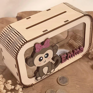 Spardose Affe personalisiert mit Namen in Wunschfarben, Sparbüchse, Sparschwein, Geldgeschenk, Geschenk Geburt, Taufe, Geburtstag, Safari