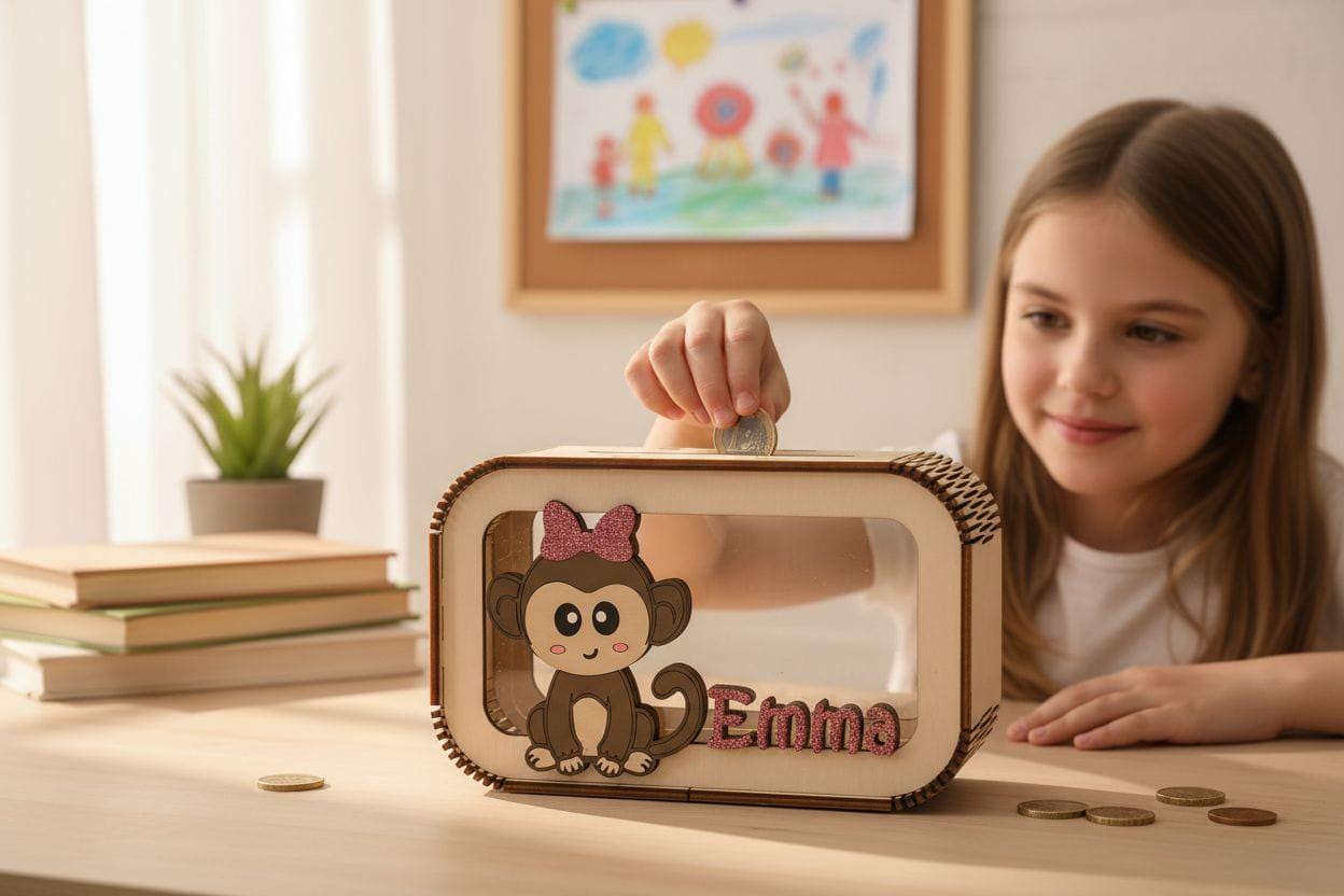 Spardose Affe personalisiert mit Namen in Wunschfarben, Sparbüchse, Sparschwein, Geldgeschenk, Geschenk Geburt, Taufe, Geburtstag, Safari