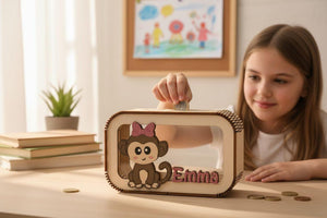 Spardose Affe personalisiert mit Namen in Wunschfarben, Sparbüchse, Sparschwein, Geldgeschenk, Geschenk Geburt, Taufe, Geburtstag, Safari