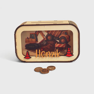 Spardose Bagger personalisiert mit Namen in Wunschfarben, Sparbüchse, Sparschwein, Geldgeschenk, Geschenk Geburt, Taufe, Geburtstag, Truck