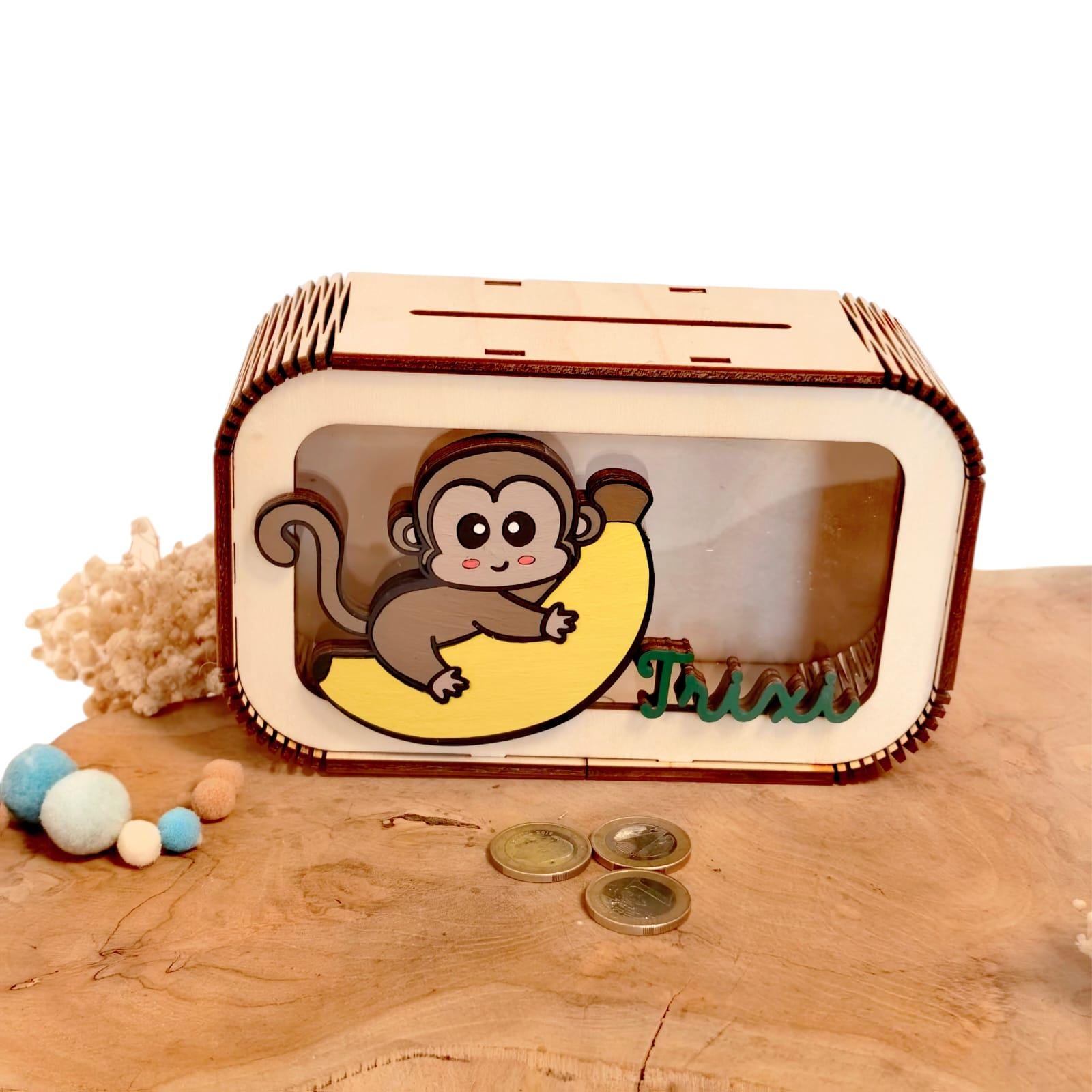 Spardose Affe personalisiert mit Namen in Wunschfarben, Sparbüchse, Sparschwein, Geldgeschenk, Geschenk Geburt, Taufe, Geburtstag, Safari