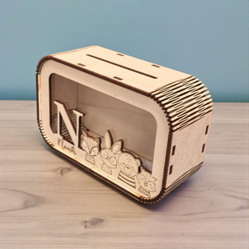 Spardose personalisiert mit Namen, Sparbüchse, Sparschwein, Geldgeschenk, Geschenk zur Geburt, Taufe, Geburtstag, Waldtiere, Reh, Bär,Fuchs