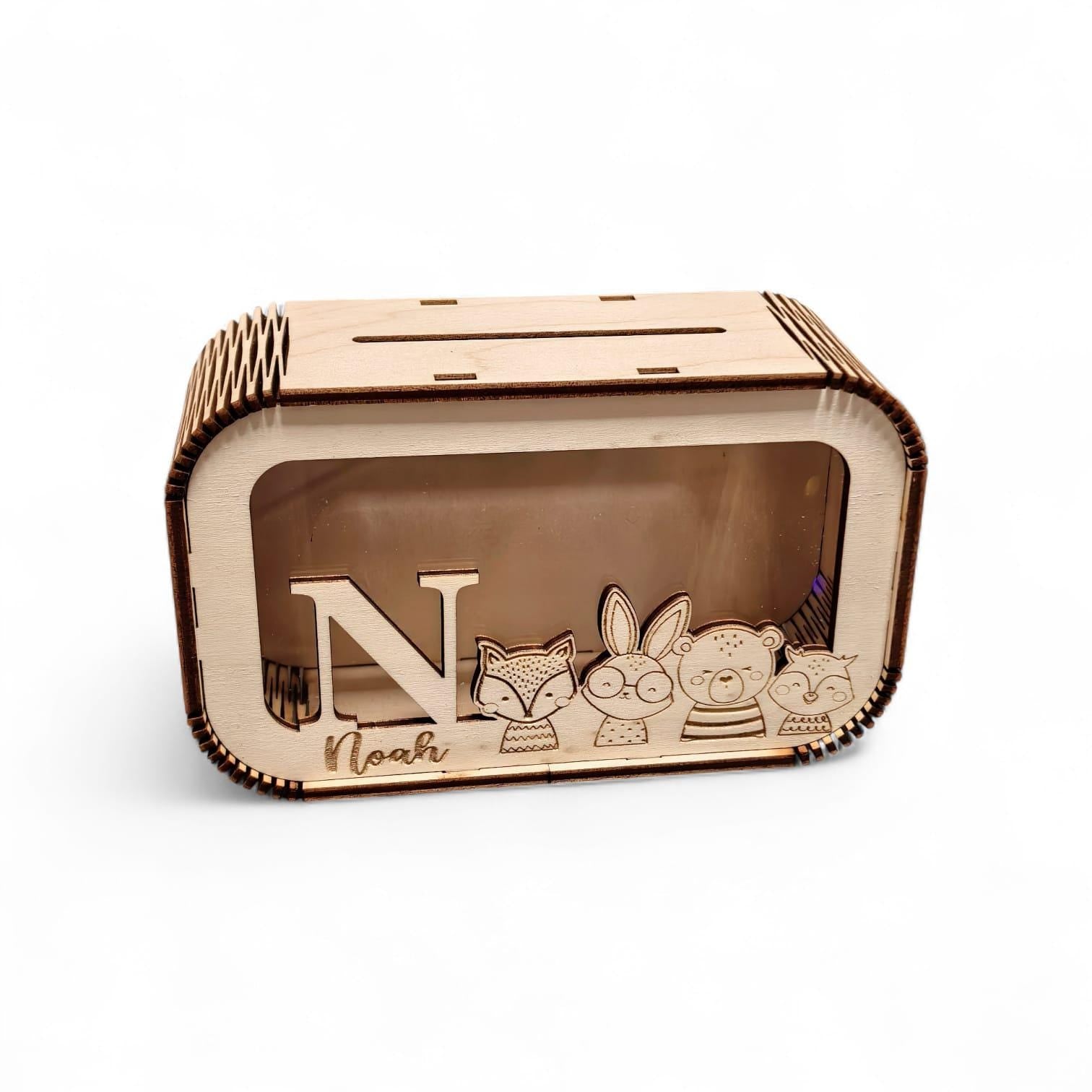 Spardose personalisiert mit Namen, Sparbüchse, Sparschwein, Geldgeschenk, Geschenk zur Geburt, Taufe, Geburtstag, Waldtiere, Reh, Bär,Fuchs