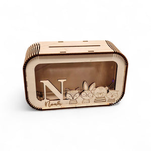 Spardose personalisiert mit Namen, Sparbüchse, Sparschwein, Geldgeschenk, Geschenk zur Geburt, Taufe, Geburtstag, Waldtiere, Reh, Bär,Fuchs