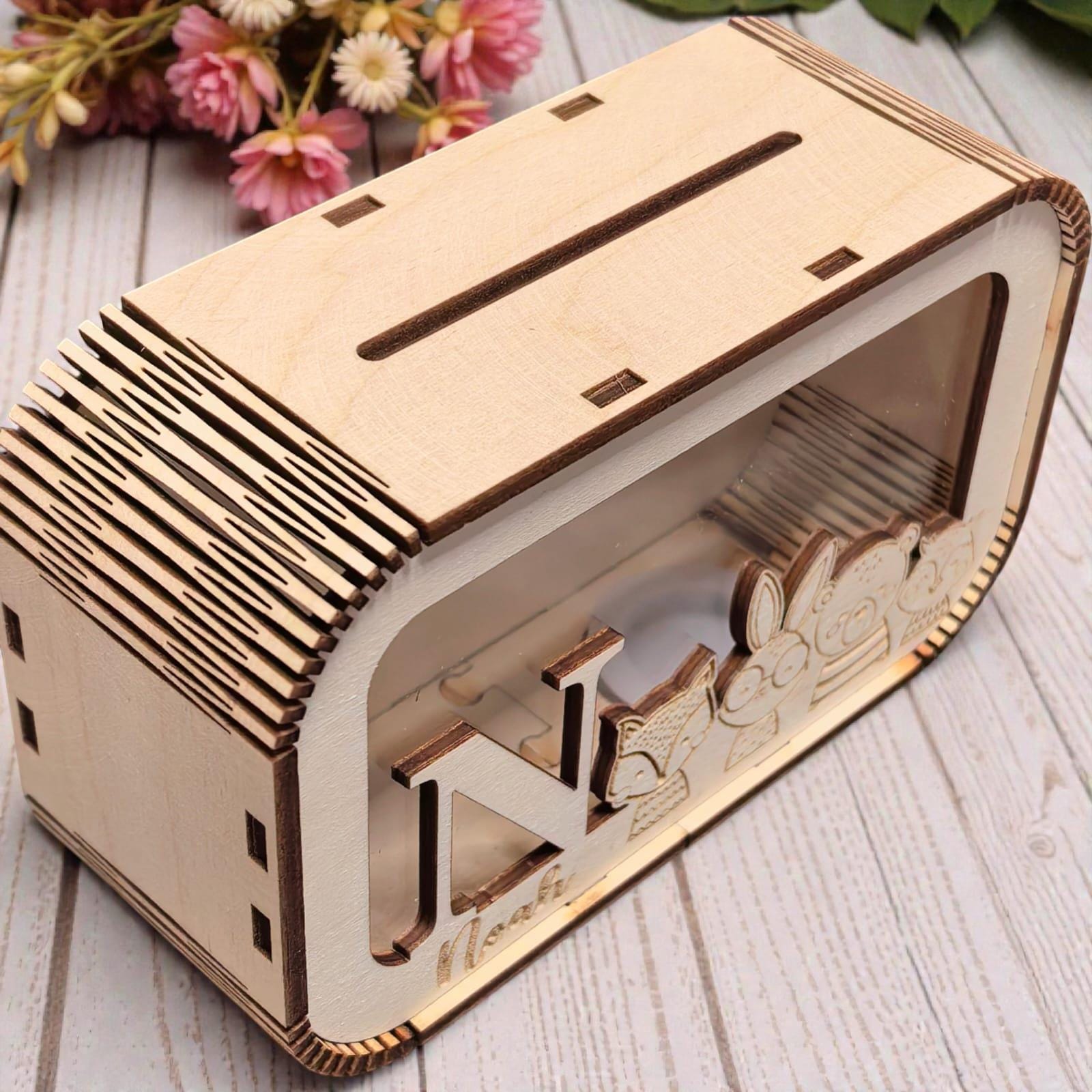 Spardose personalisiert mit Namen, Sparbüchse, Sparschwein, Geldgeschenk, Geschenk zur Geburt, Taufe, Geburtstag, Waldtiere, Reh, Bär,Fuchs