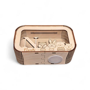 Spardose personalisiert mit Namen, Sparbüchse, Sparschwein, Geldgeschenk, Geschenk zur Geburt, Taufe, Geburtstag, Waldtiere, Reh, Bär,Fuchs