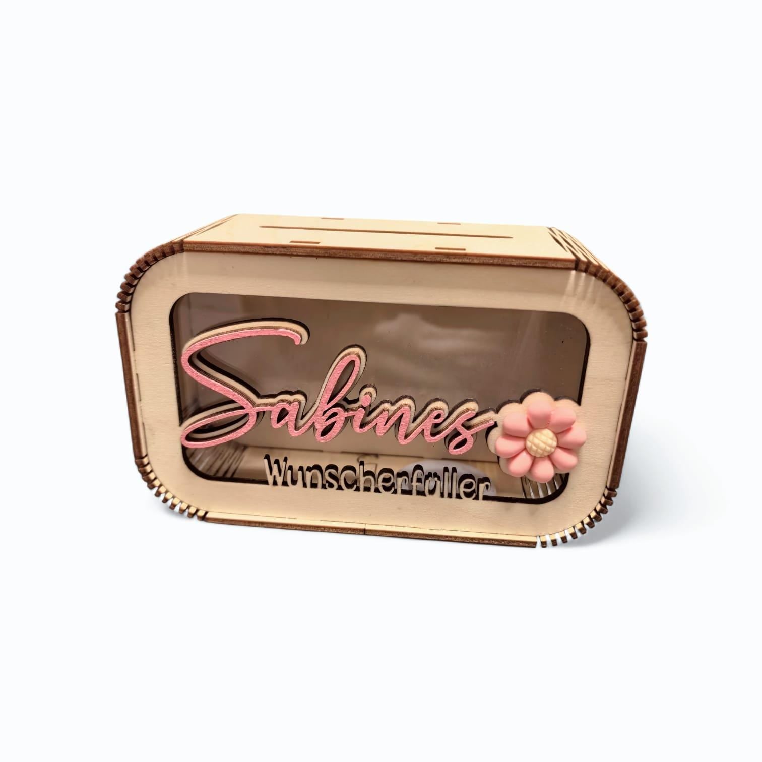 Spardose personalisiert mit Namen & 3D Blume in Wunschfarbe, Sparbüchse, Sparschwein, Geldgeschenk, Geschenk Geburtstag, Freundin, Teenager