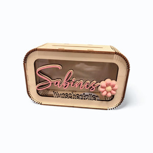 Spardose personalisiert mit Namen & 3D Blume in Wunschfarbe, Sparbüchse, Sparschwein, Geldgeschenk, Geschenk Geburtstag, Freundin, Teenager