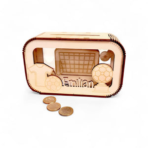 Fußball Spardose personalisiert mit Namen, Sparbüchse, Sparschwein, Geldgeschenk, Geschenk zur Geburt, Taufe, Geburtstag, Torwart, Soccer