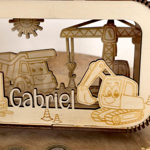 Spardose personalisiert mit Namen, Sparbüchse, Sparschwein, Geldgeschenk, Geschenk zur Geburt, Taufe, Geburtstag, Baustelle, Bagger, Kran