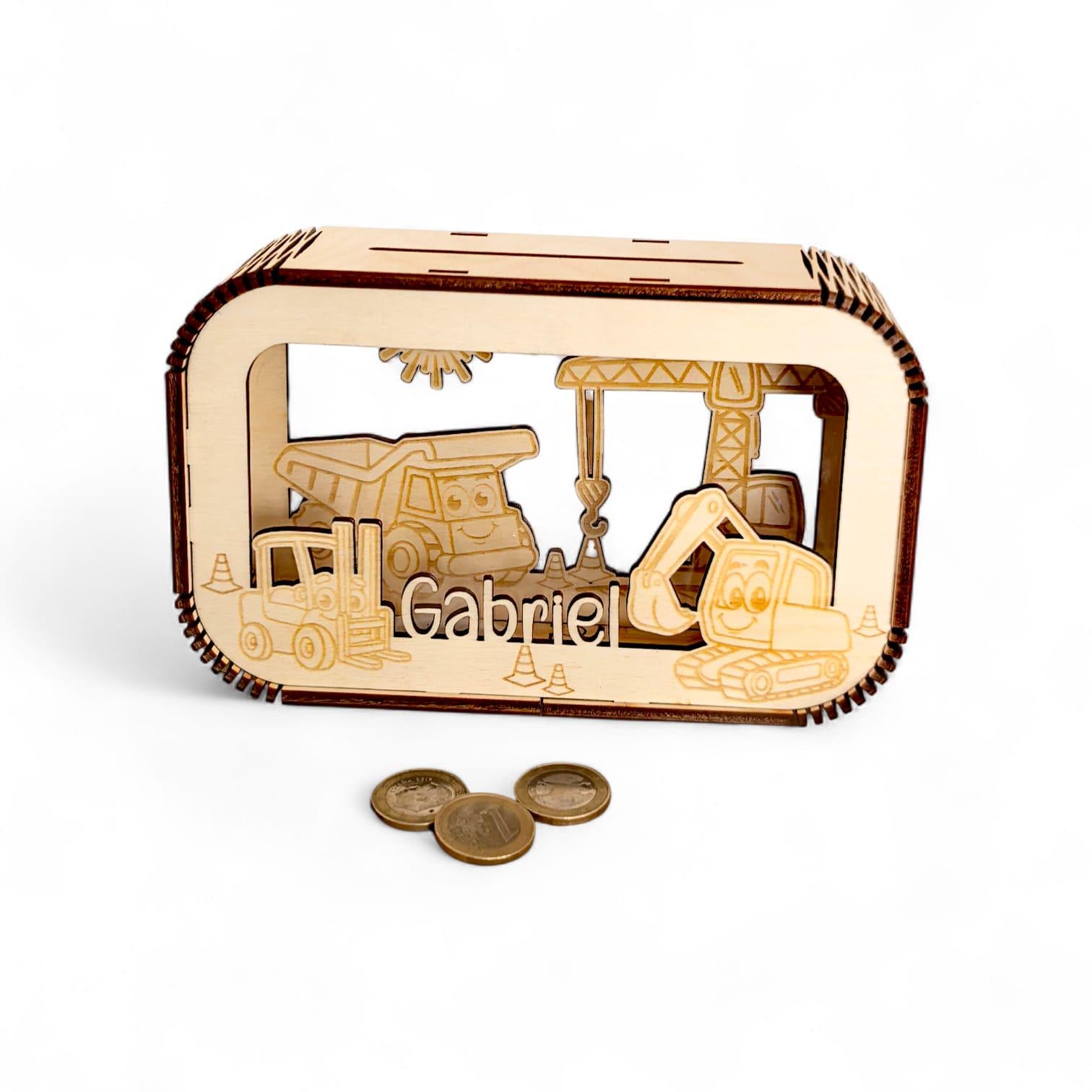 Spardose personalisiert mit Namen, Sparbüchse, Sparschwein, Geldgeschenk, Geschenk zur Geburt, Taufe, Geburtstag, Baustelle, Bagger, Kran