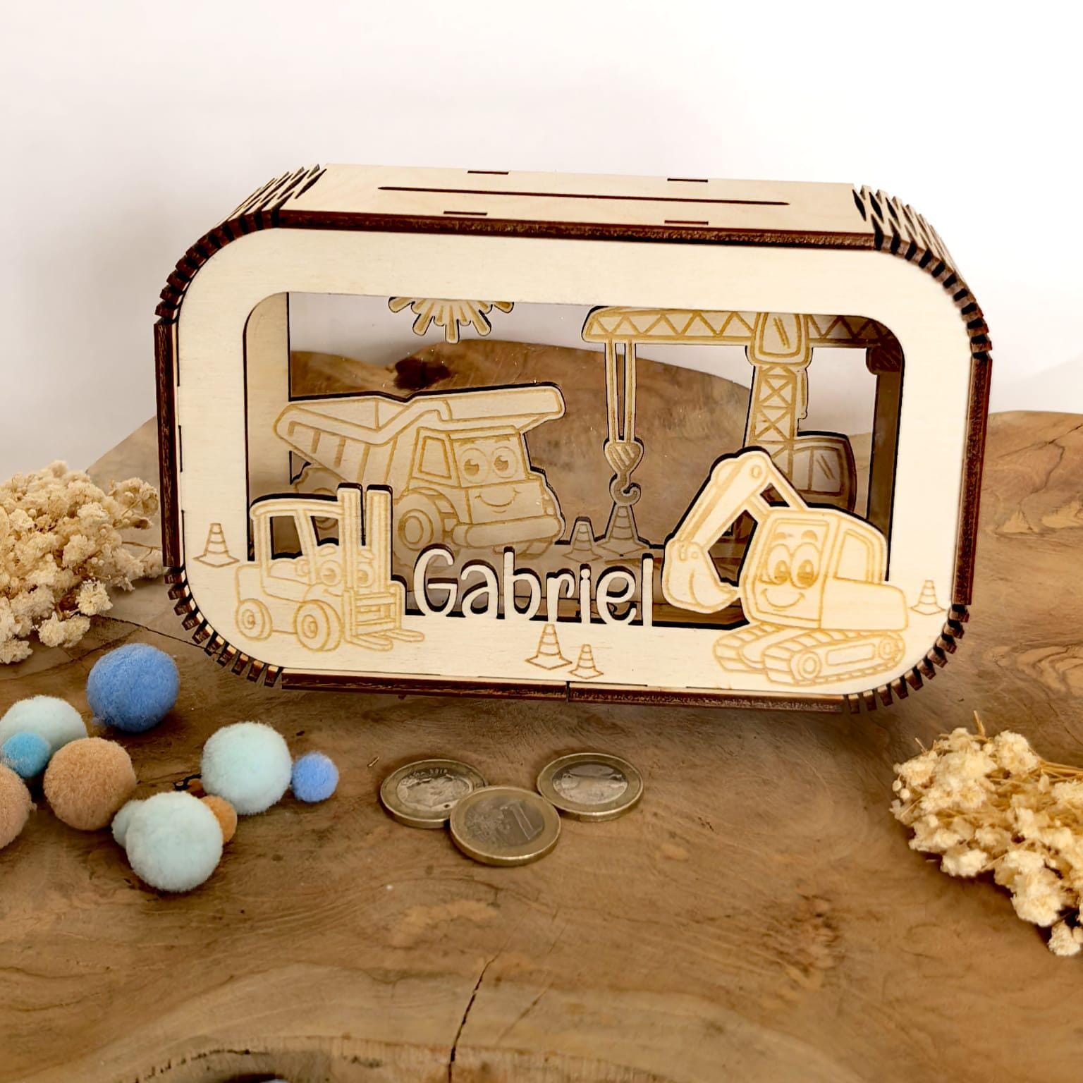 Spardose personalisiert mit Namen, Sparbüchse, Sparschwein, Geldgeschenk, Geschenk zur Geburt, Taufe, Geburtstag, Baustelle, Bagger, Kran