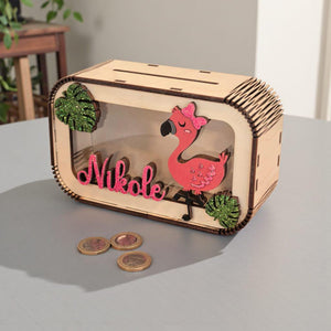 Spardose Flamingo personalisiert mit Namen in Wunschfarben, Sparbüchse, Sparschwein, Geldgeschenk, Geschenk Geburt, Taufe, Geburtstag