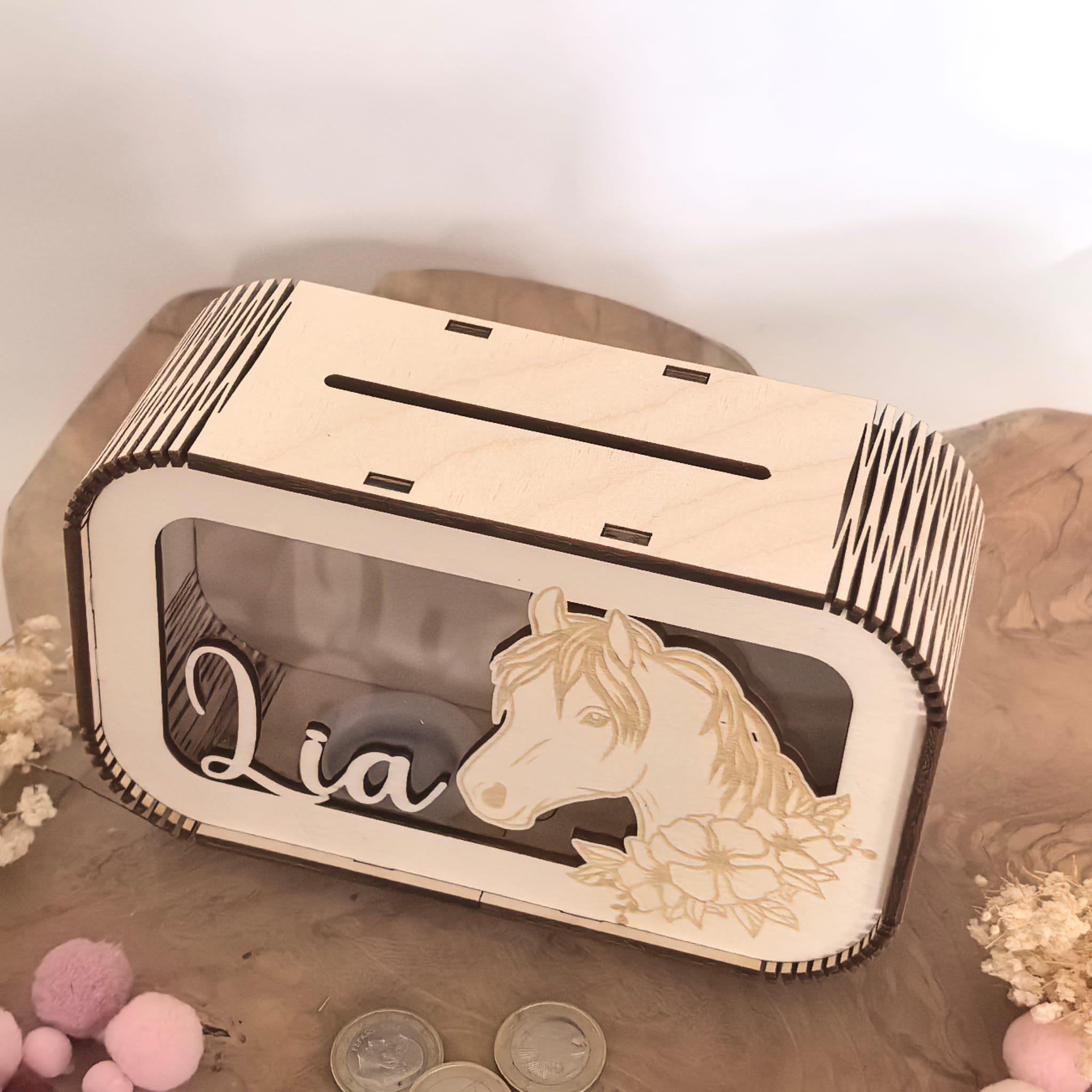 Pferde Spardose personalisiert mit Namen, Sparbüchse, Sparschwein, Geldgeschenk, Geschenk zur Geburt, Taufe, Geburtstag, Reiten, Mädchen