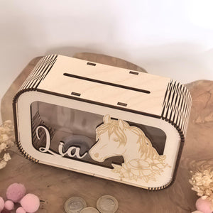 Pferde Spardose personalisiert mit Namen, Sparbüchse, Sparschwein, Geldgeschenk, Geschenk zur Geburt, Taufe, Geburtstag, Reiten, Mädchen