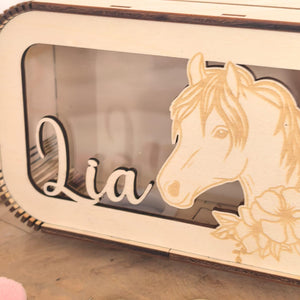 Pferde Spardose personalisiert mit Namen, Sparbüchse, Sparschwein, Geldgeschenk, Geschenk zur Geburt, Taufe, Geburtstag, Reiten, Mädchen