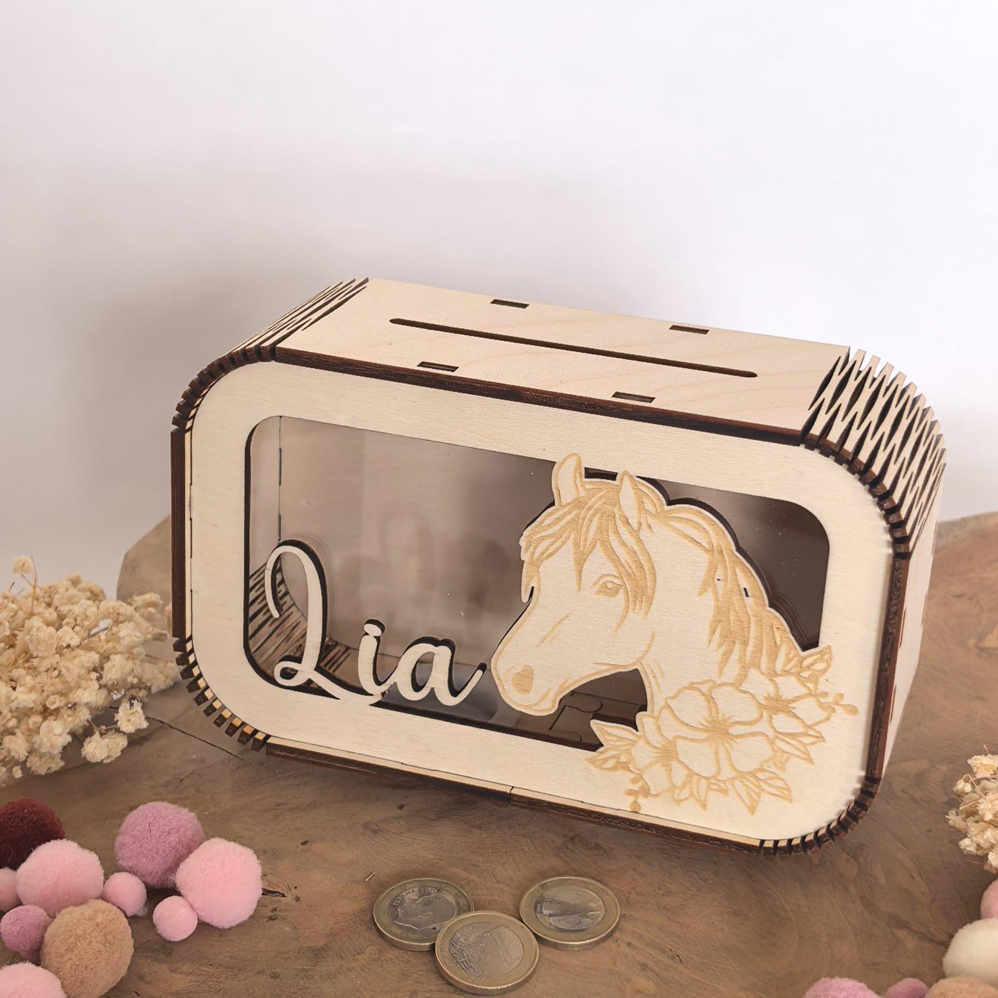 Pferde Spardose personalisiert mit Namen, Sparbüchse, Sparschwein, Geldgeschenk, Geschenk zur Geburt, Taufe, Geburtstag, Reiten, Mädchen