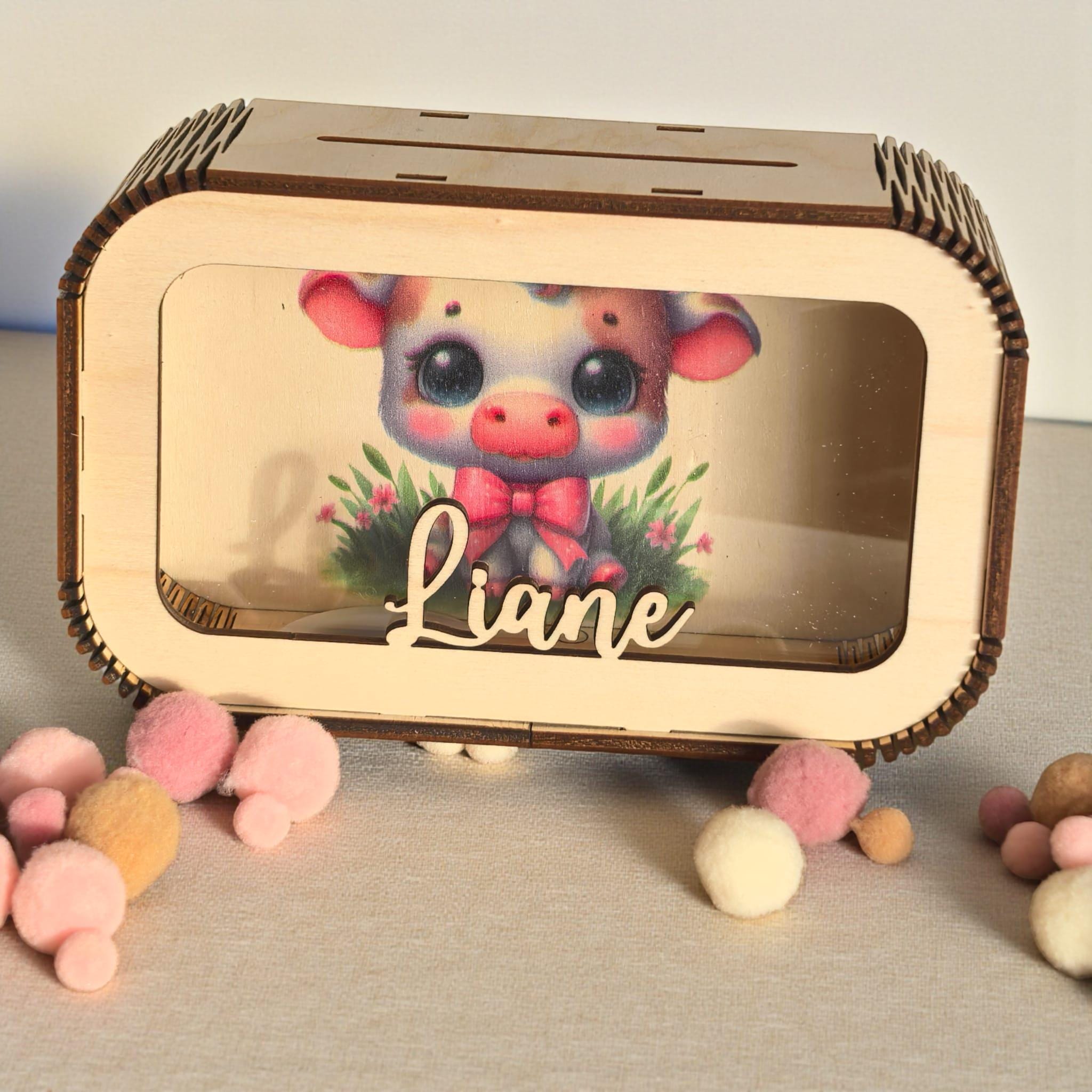 Süße Kuh Spardose personalisiert mit Namen in Wunschfarben, Sparbüchse, Sparschwein, Geldgeschenk, Geschenk zur Geburt, Taufe, Geburtstag
