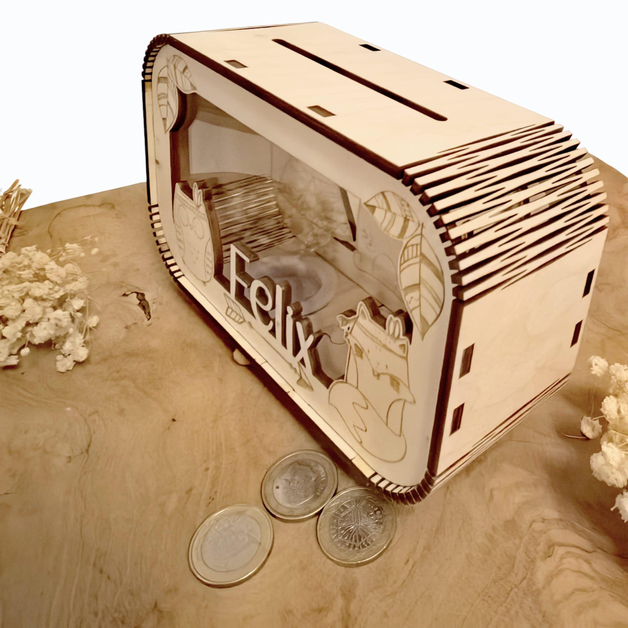 Spardose personalisiert mit Namen, Sparbüchse, Sparschwein, Geldgeschenk, Geschenk zur Geburt, Taufe, Geburtstag, Waldtiere, Reh, Bär,Fuchs