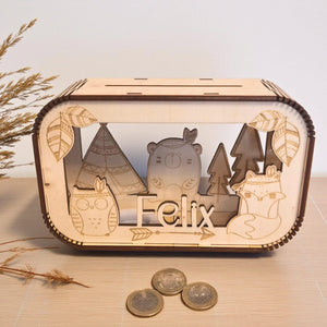 Spardose personalisiert mit Namen, Sparbüchse, Sparschwein, Geldgeschenk, Geschenk zur Geburt, Taufe, Geburtstag, Waldtiere, Reh, Bär,Fuchs