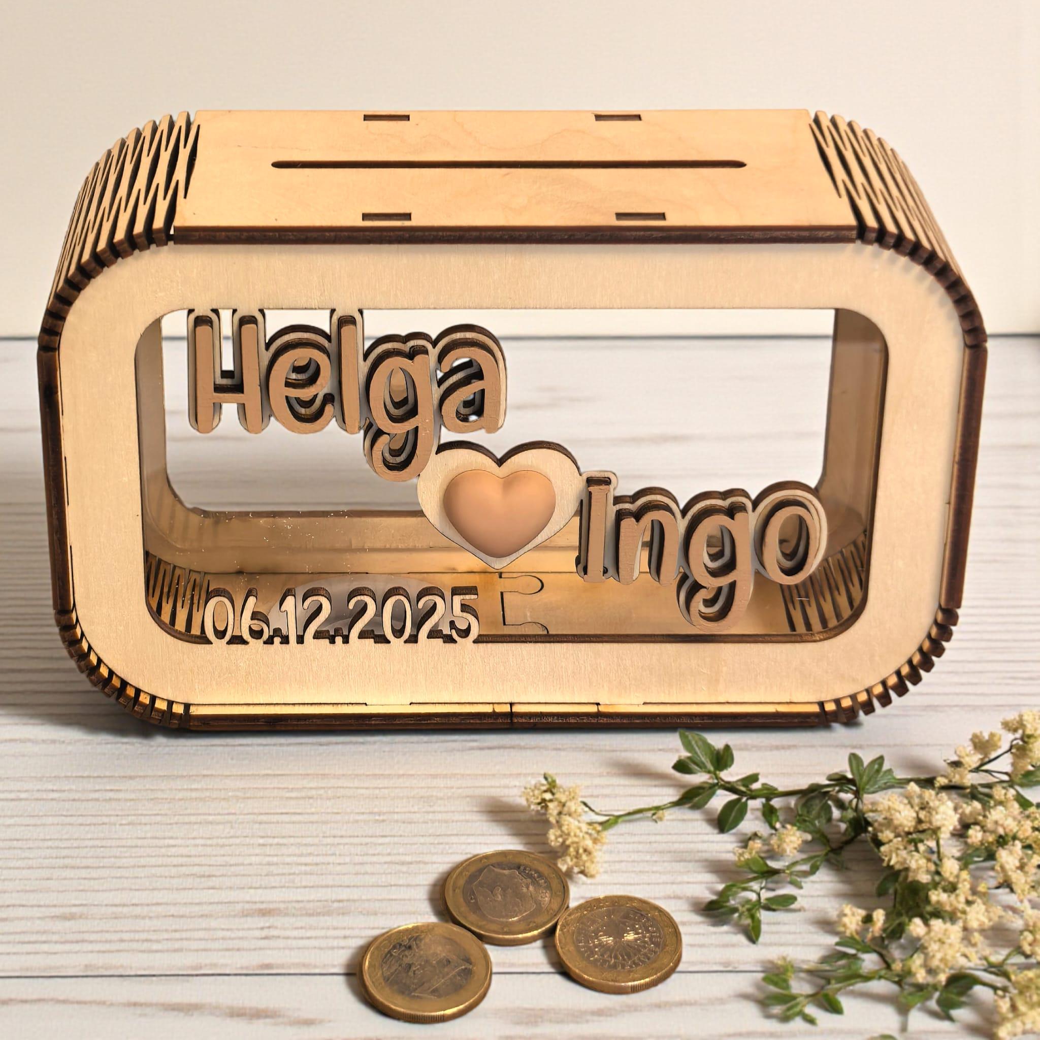 Spardose Hochzeitsgeschenk personalisiert mit Name und Datum, Geldgeschenk, Sparschwein Geburtstagsgeschenk Freundin Ehefrau Einzugsgeschenk