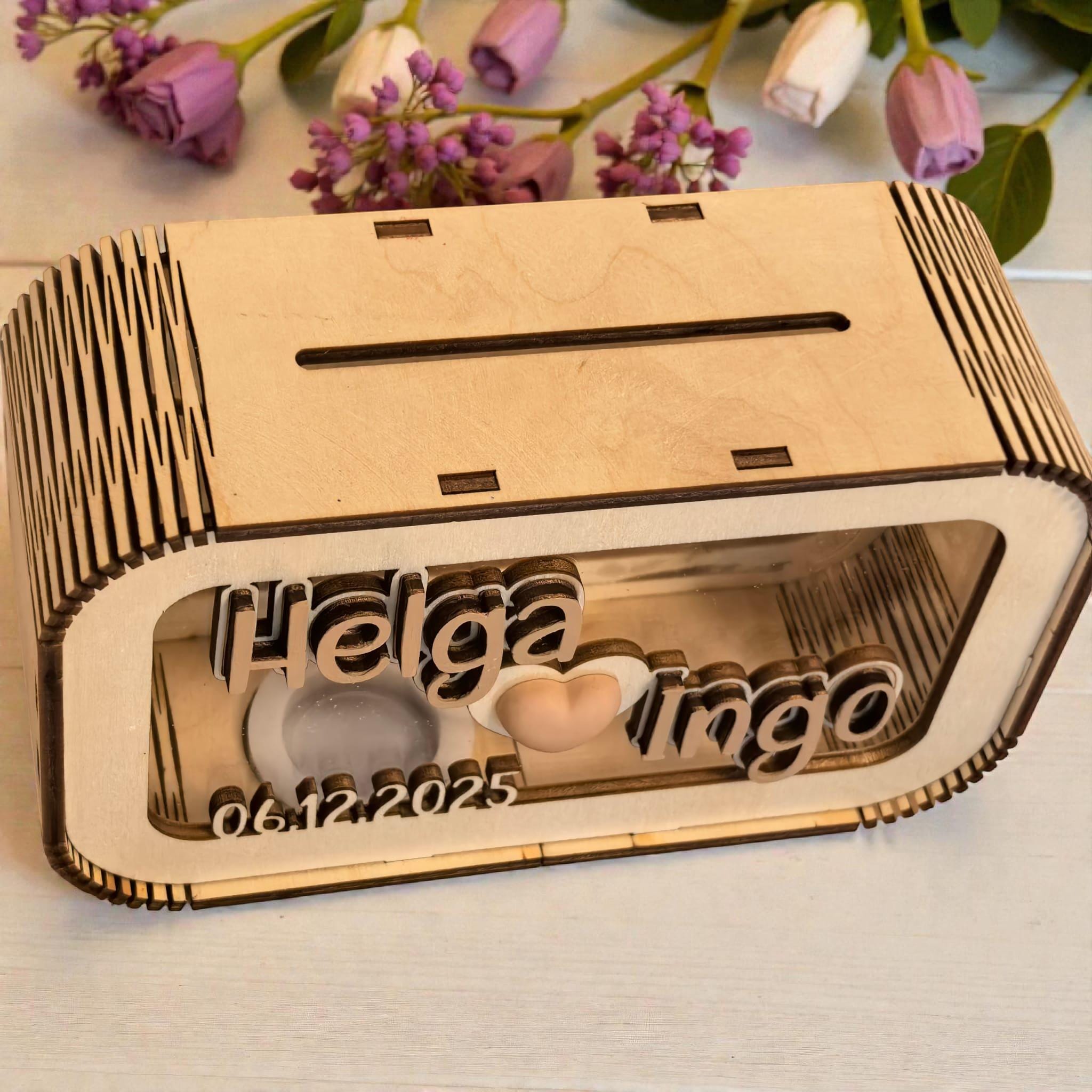 Spardose Hochzeitsgeschenk personalisiert mit Name und Datum, Geldgeschenk, Sparschwein Geburtstagsgeschenk Freundin Ehefrau Einzugsgeschenk