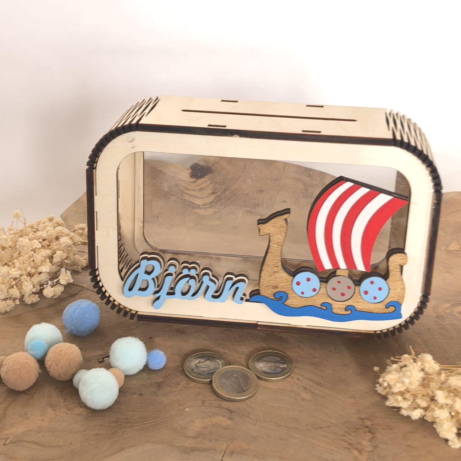 Spardose Wikinger personalisiert mit Namen in Wunschfarben, Sparbüchse, Sparschwein, Geldgeschenk, Geschenk Geburt, Taufe, Geburtstag,