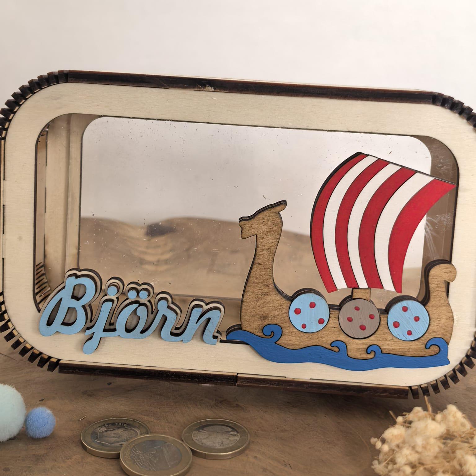 Spardose Wikinger personalisiert mit Namen in Wunschfarben, Sparbüchse, Sparschwein, Geldgeschenk, Geschenk Geburt, Taufe, Geburtstag,