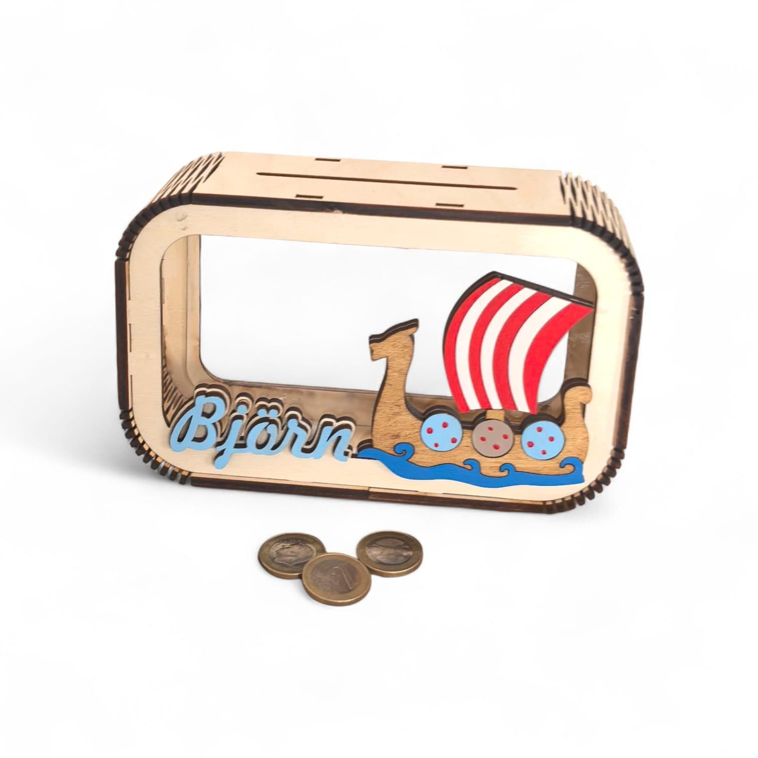 Spardose Wikinger personalisiert mit Namen in Wunschfarben, Sparbüchse, Sparschwein, Geldgeschenk, Geschenk Geburt, Taufe, Geburtstag,