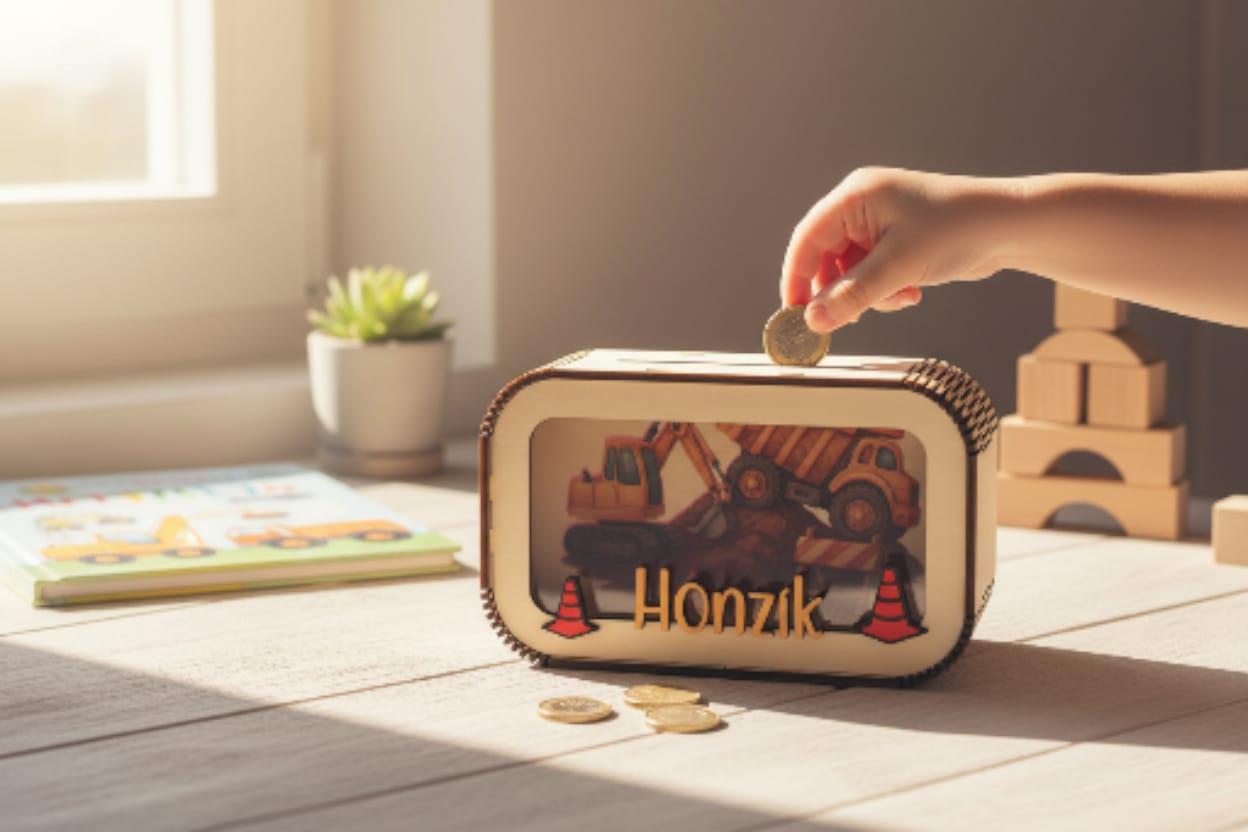 Spardose Bagger personalisiert mit Namen in Wunschfarben, Sparbüchse, Sparschwein, Geldgeschenk, Geschenk Geburt, Taufe, Geburtstag, Truck