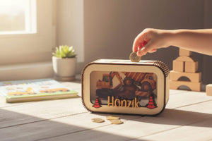 Spardose Bagger personalisiert mit Namen in Wunschfarben, Sparbüchse, Sparschwein, Geldgeschenk, Geschenk Geburt, Taufe, Geburtstag, Truck