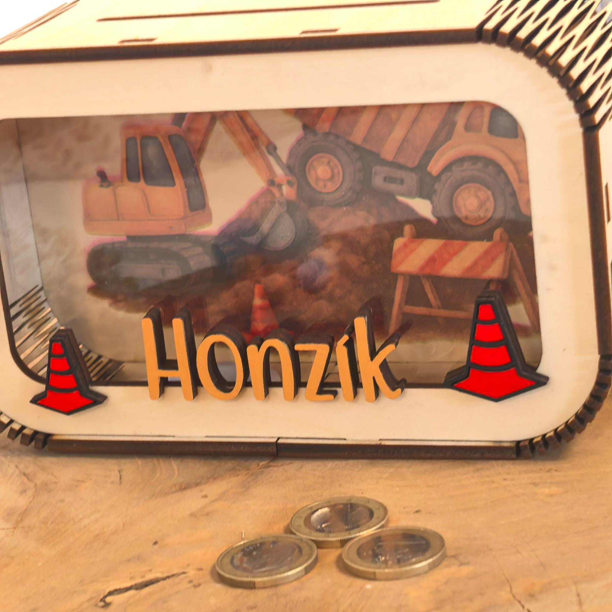 Spardose Bagger personalisiert mit Namen in Wunschfarben, Sparbüchse, Sparschwein, Geldgeschenk, Geschenk Geburt, Taufe, Geburtstag, Truck