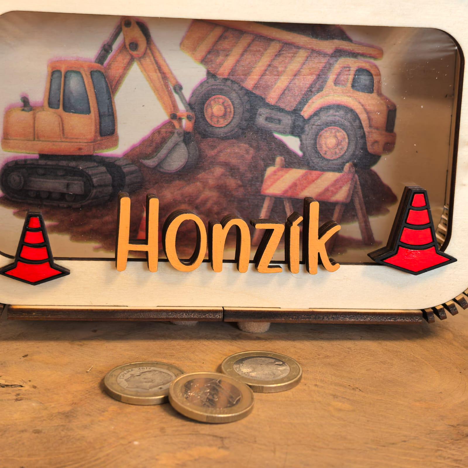 Spardose Bagger personalisiert mit Namen in Wunschfarben, Sparbüchse, Sparschwein, Geldgeschenk, Geschenk Geburt, Taufe, Geburtstag, Truck