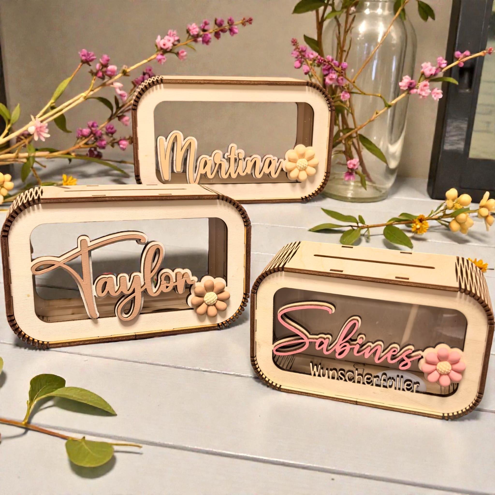 Spardose personalisiert mit Namen & 3D Blume in Wunschfarbe, Sparbüchse, Sparschwein, Geldgeschenk, Geschenk Geburtstag, Freundin, Teenager