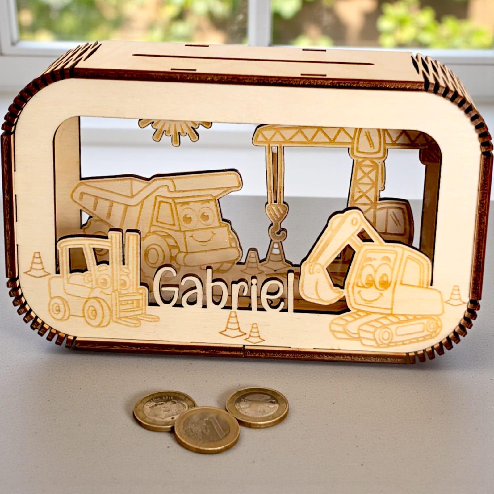 Spardose personalisiert mit Namen, Sparbüchse, Sparschwein, Geldgeschenk, Geschenk zur Geburt, Taufe, Geburtstag, Baustelle, Bagger, Kran