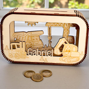 Spardose personalisiert mit Namen, Sparbüchse, Sparschwein, Geldgeschenk, Geschenk zur Geburt, Taufe, Geburtstag, Baustelle, Bagger, Kran