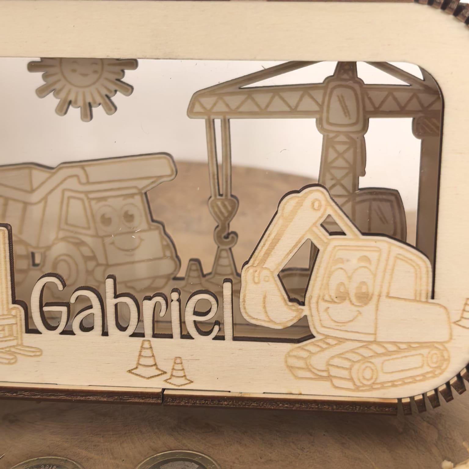 Spardose personalisiert mit Namen, Sparbüchse, Sparschwein, Geldgeschenk, Geschenk zur Geburt, Taufe, Geburtstag, Baustelle, Bagger, Kran