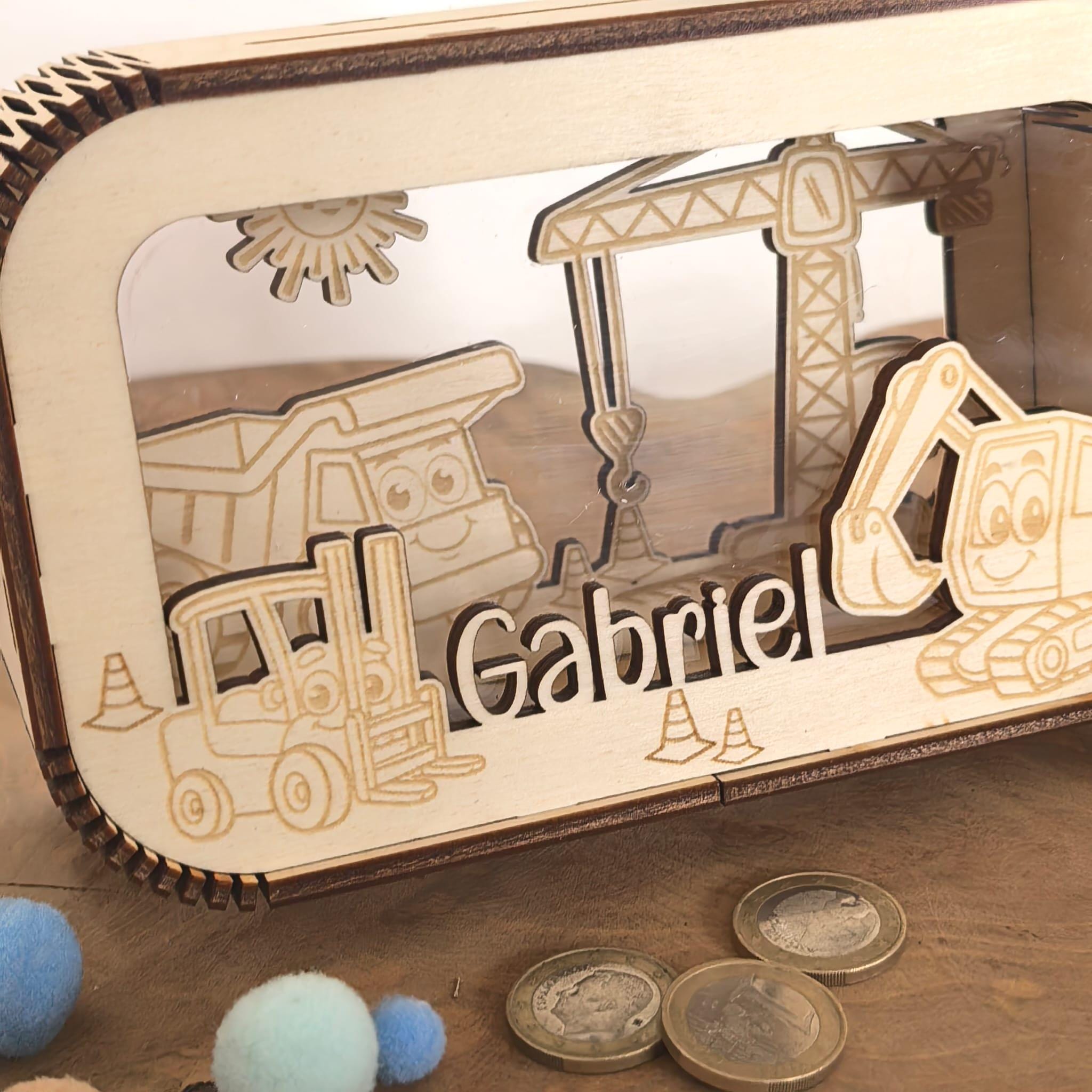 Spardose personalisiert mit Namen, Sparbüchse, Sparschwein, Geldgeschenk, Geschenk zur Geburt, Taufe, Geburtstag, Baustelle, Bagger, Kran