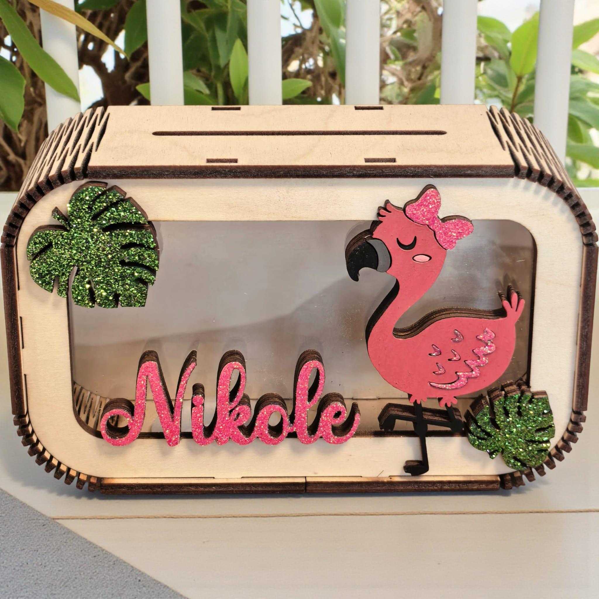 Spardose Flamingo personalisiert mit Namen in Wunschfarben, Sparbüchse, Sparschwein, Geldgeschenk, Geschenk Geburt, Taufe, Geburtstag