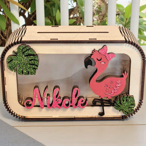 Spardose Flamingo personalisiert mit Namen in Wunschfarben, Sparbüchse, Sparschwein, Geldgeschenk, Geschenk Geburt, Taufe, Geburtstag