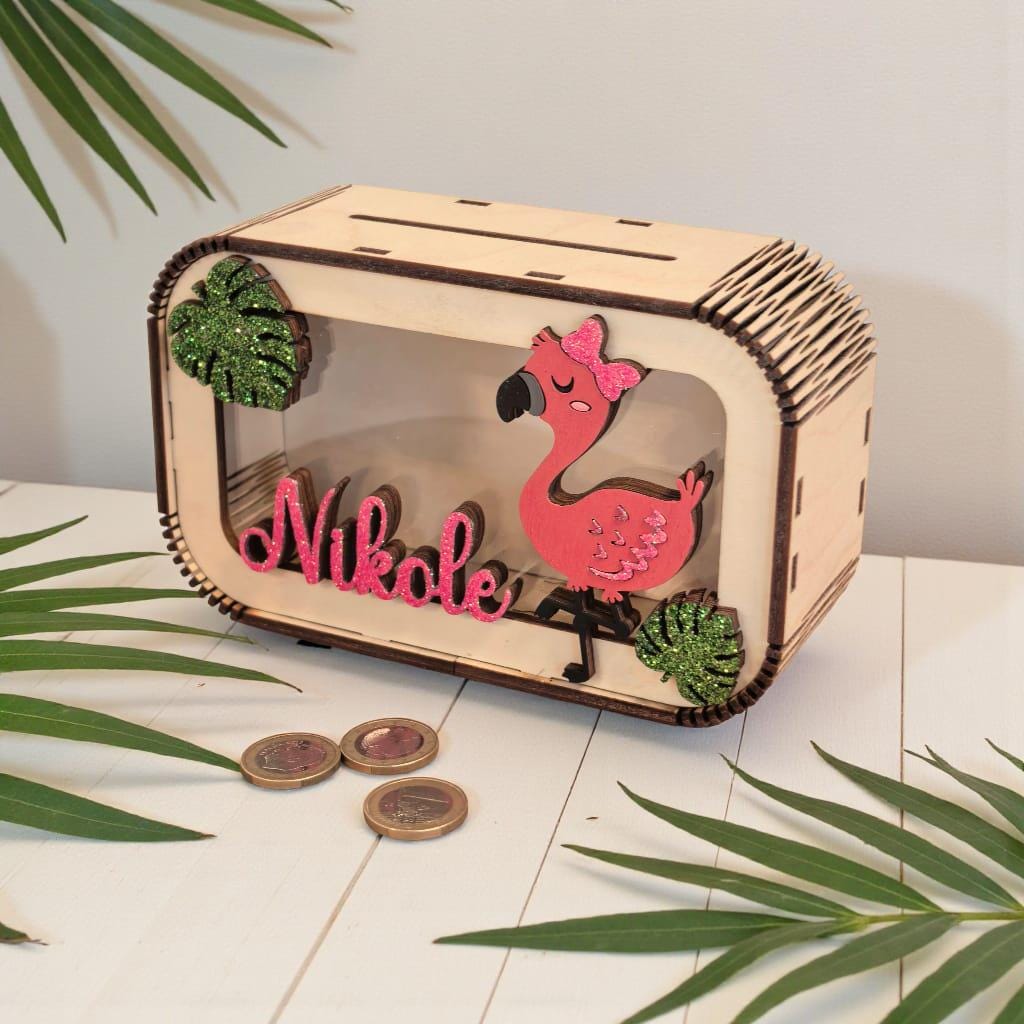 Spardose Flamingo personalisiert mit Namen in Wunschfarben, Sparbüchse, Sparschwein, Geldgeschenk, Geschenk Geburt, Taufe, Geburtstag